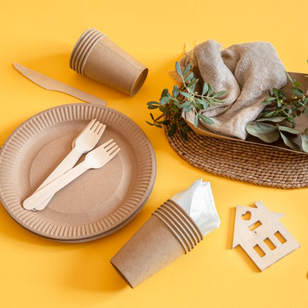 Eco-friendly, stylish recyclable paper tableware. Paper food boxes, plates, and cornstarch Cutlery on a trending orange background.