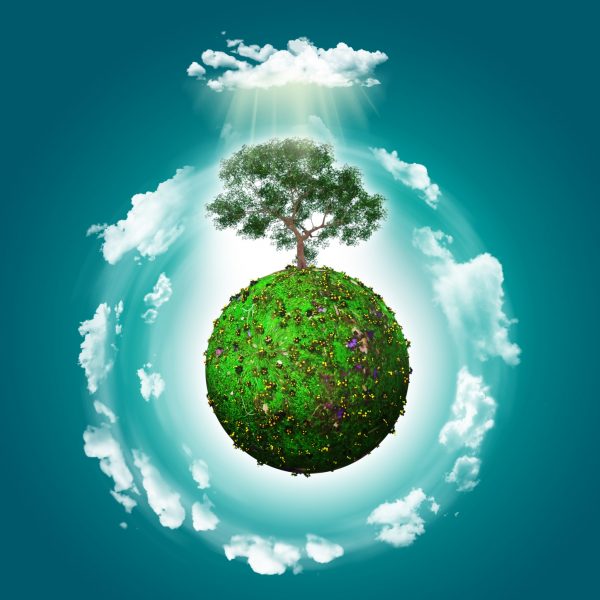 3D render of a grassy globe with a tree and clouds